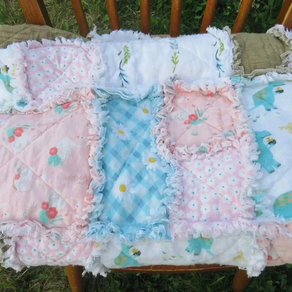 Flannel Rag Quilt 49 x 45 with Batting, Floral Dinosaur Scrappy Style Rag Quilt - Picture 5 of 11